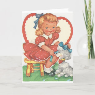 Vintage Girl And Poodle Valentine Holiday Card