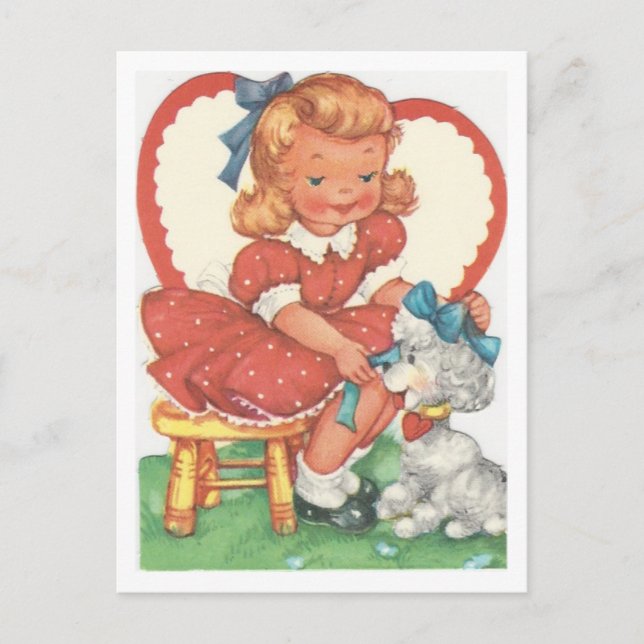 Vintage Girl And Poodle Valentine Holiday Postcard (Front)