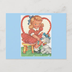 Vintage Girl And Poodle Valentine Holiday Postcard