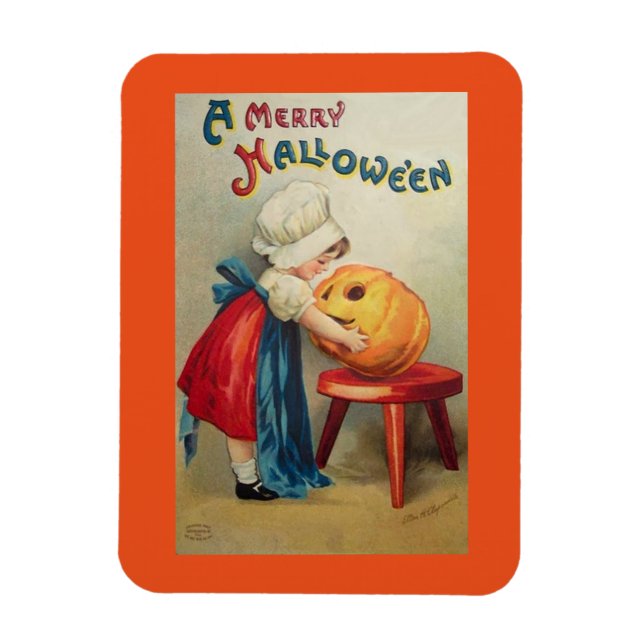 Vintage Girl And Pumpkin Magnet (Vertical)