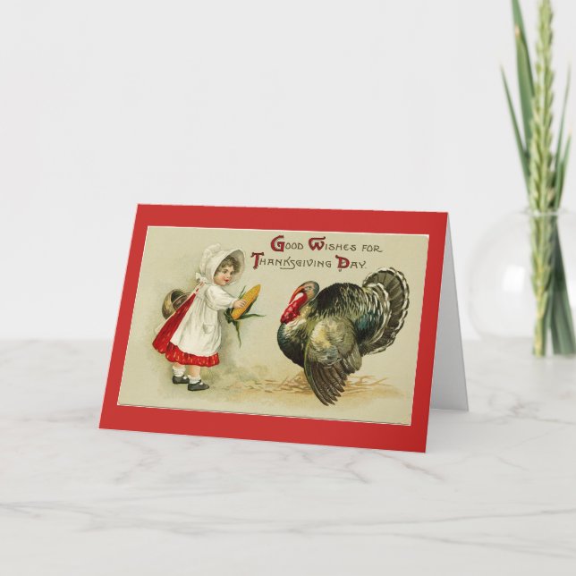 Vintage Girl And Turkey Holiday Card (Front)