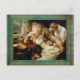Vintage Girl and Two Dogs Grunge Framed Postcard