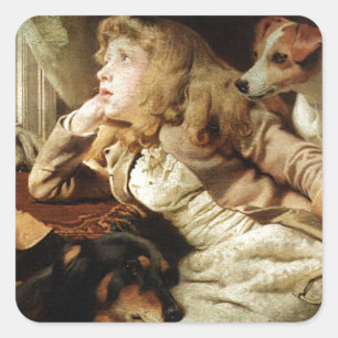 Vintage Girl and Two Dogs Grunge Framed Square Sticker