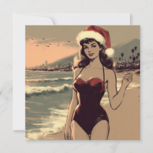 Vintage Girl at Beach and Santa Hat Retro Pin Up Holiday Card