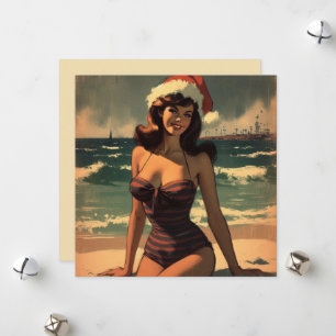 Vintage Girl at Beach and Santa Hat Retro Pin Up Holiday Card