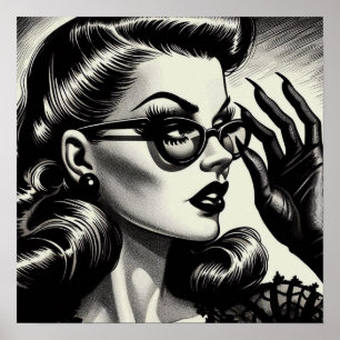 Vintage Girl Black and White Drawing Poster