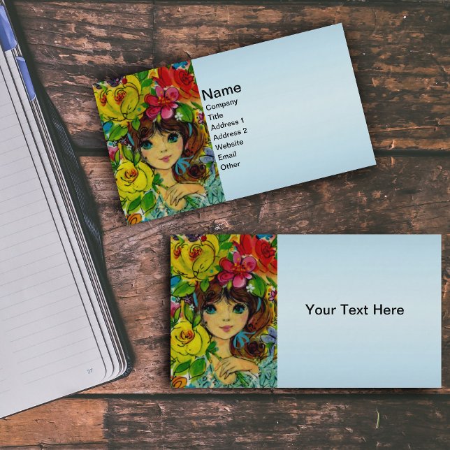 Vintage Girl Bouquet Flowers Hat Business Card (Pretty girl wearing hat made of colourful flowers on light blue business cards.)
