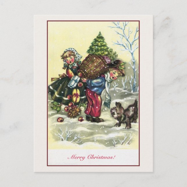 Vintage girl, boy Christmas tree Holiday Postcard (Front)