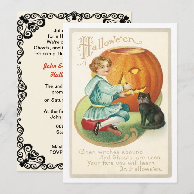Vintage Girl Carving A Pumpkin Halloween Invitation (Front/Back)