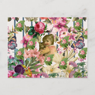 Vintage Girl & Cat Roses Flowers Stripes Pattern Postcard