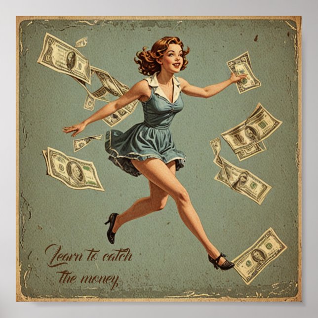 Vintage girl catching the money poster (Front)