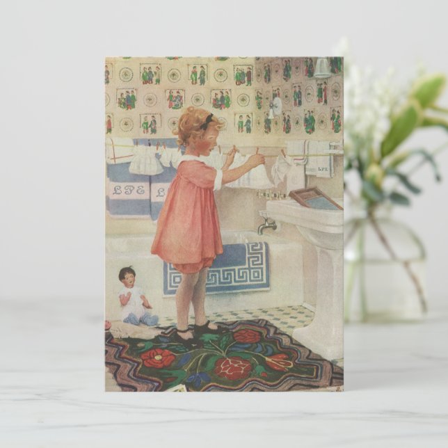 Vintage Girl, Child Doing Laundry Hanging Clothes Invitation (Standing Front)