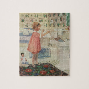 Vintage Girl, Child Doing Laundry Hanging Clothes Jigsaw Puzzle