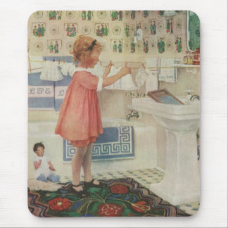 Vintage Girl, Child Doing Laundry Hanging Clothes Mouse Mat