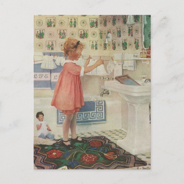Vintage Girl, Child Doing Laundry Hanging Clothes Postcard (Front)