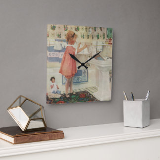 Vintage Girl, Child Doing Laundry Hanging Clothes Square Wall Clock