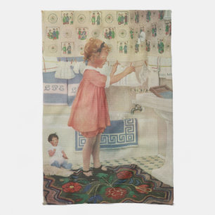 Vintage Girl, Child Doing Laundry Hanging Clothes Tea Towel
