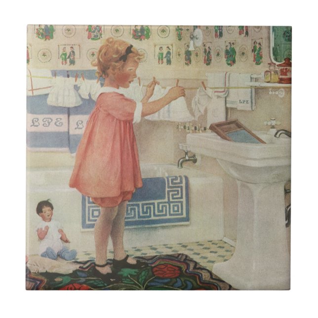 Vintage Girl, Child Doing Laundry Hanging Clothes Tile (Front)