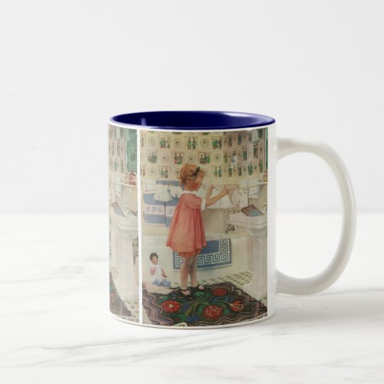 Vintage Girl, Child Doing Laundry Hanging Clothes Two-Tone Coffee Mug
