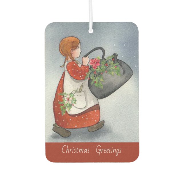 Vintage Girl Christmas Greetings Car Air Freshener (Front)