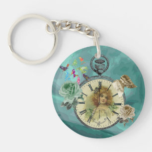 Vintage Girl Clock Watch Circle Keychain