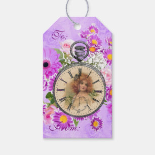 Vintage Girl Clock Watch Purple Floral Gift Tags