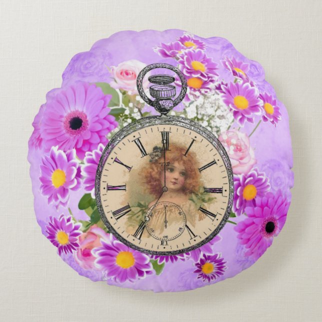 Vintage Girl ClockWatch Purple Floral Round Pillow (Front)