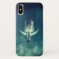 Vintage girl crescent moon gothic blue white 