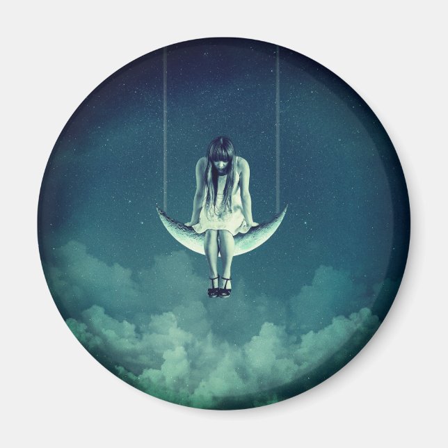 Vintage girl crescent moon gothic blue white magnet (Front)