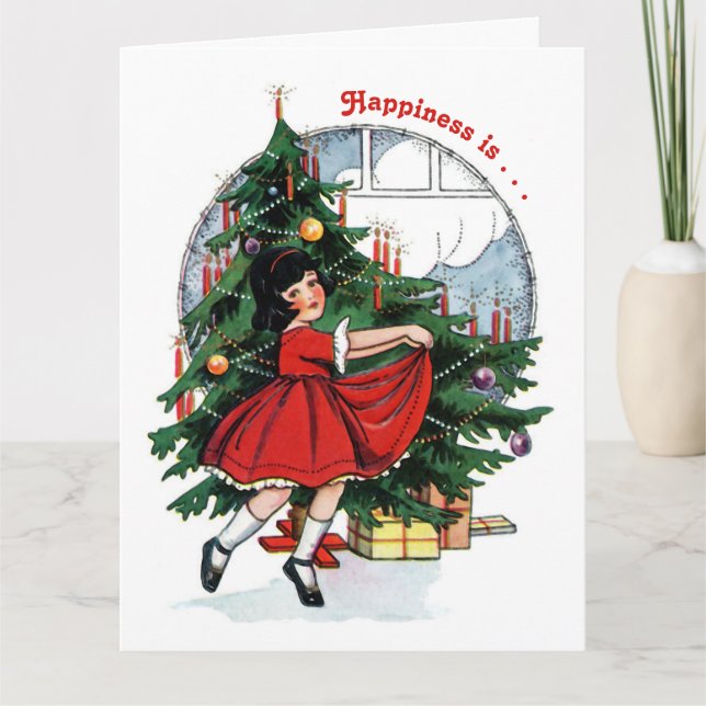 Vintage Girl Dancing Around the Christmas Tree Card (Front)