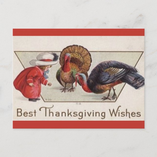 Vintage Girl Feeding Turkeys Thanksgiving Postcard (Front)