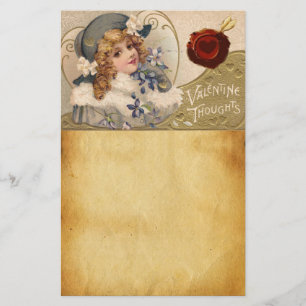VINTAGE GIRL,FLOWERS,VALENTINE CUPID,RED WAX SEAL STATIONERY