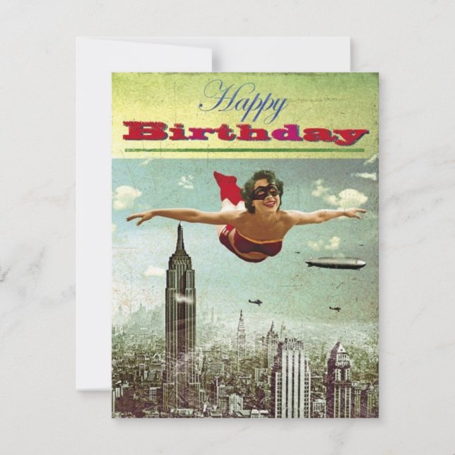 Vintage Girl Flying Birthday Holiday Card (Front)