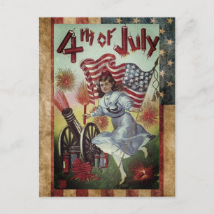 Vintage Girl Going All Out On 4th Of July Postcard