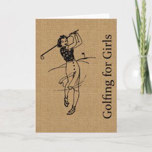 Vintage Girl Golfer on Faux Burlap Decorative Card