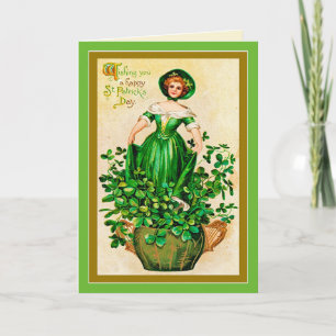 Vintage Girl Green Dress Clovers St Patrick's Day  Card
