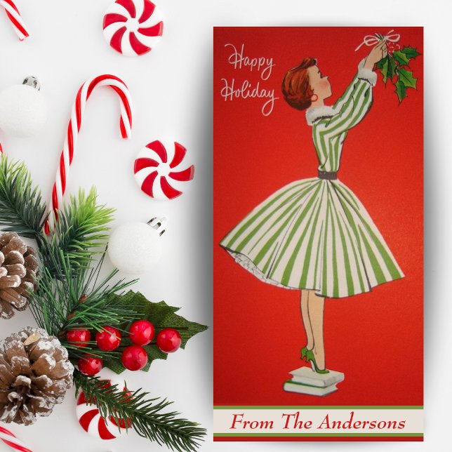 Vintage Girl Hanging Mistletoe Custom Christmas Holiday Card (Vintage Girl Hanging Mistletoe Custom Christmas Holiday Card. Add your name & a special message!)
