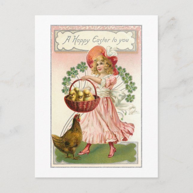 Vintage Girl, Hen, Shamrocks & Easter Wishes Postcard (Front)