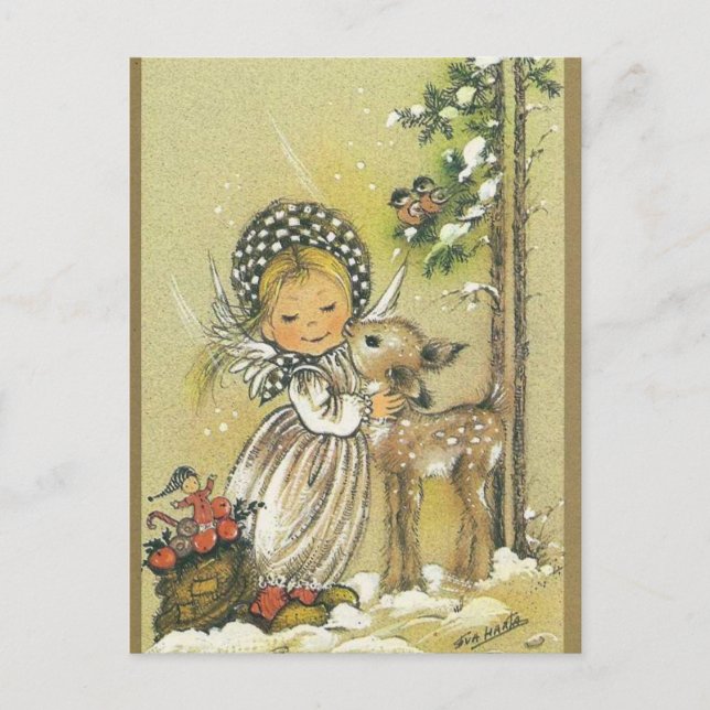 Vintage Girl Hugging Baby Deer Postcard (Front)