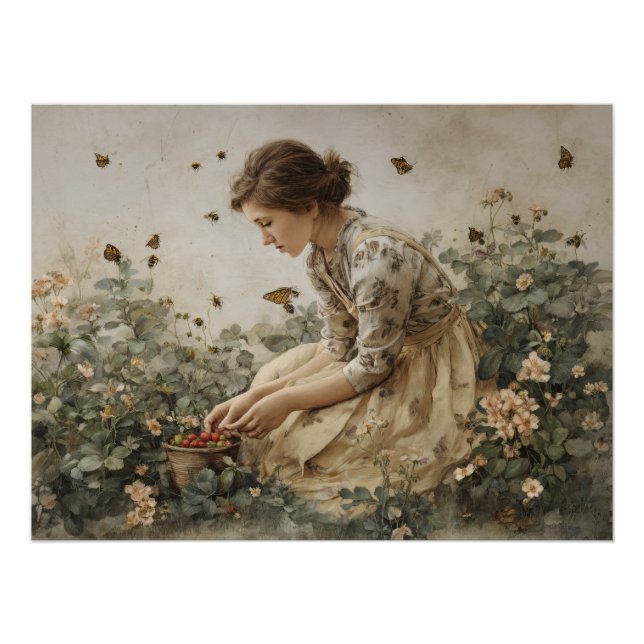 Vintage Girl In Bloom Garden Art Poster (Front)