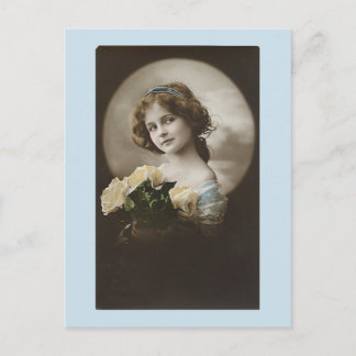 Vintage Girl In Blue White Roses Postcard