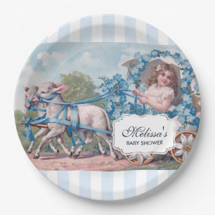 Vintage Girl in Carriage with Lambs - Baby Shower Paper Plate