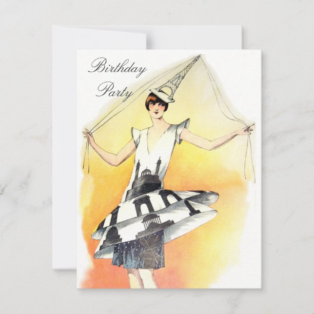 Vintage Girl in Eiffel Tower Costume Birthday Invitation (Front)