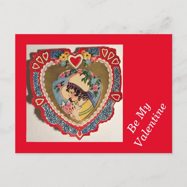 Vintage Girl in Heart Valentine Post Card (Front)