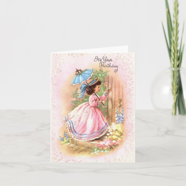 Vintage Girl in Pink Dress Birthday Card (Front)