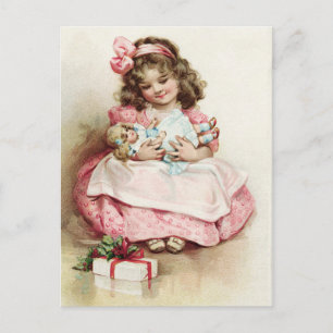 Vintage Girl in Pink Dress with Doll Postcard