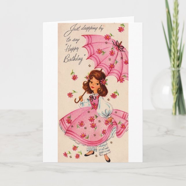 Vintage Girl In Pink With Parasol Birthday Card (Front)