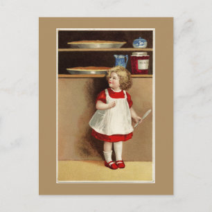 Vintage Girl in Red Dress and Pumpkin Pies Postcard