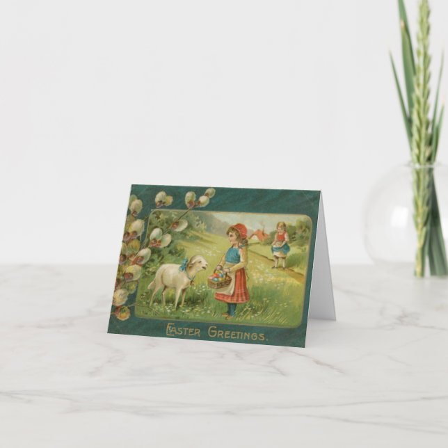 Vintage Girl Lamb Easter Holiday Card (Front)