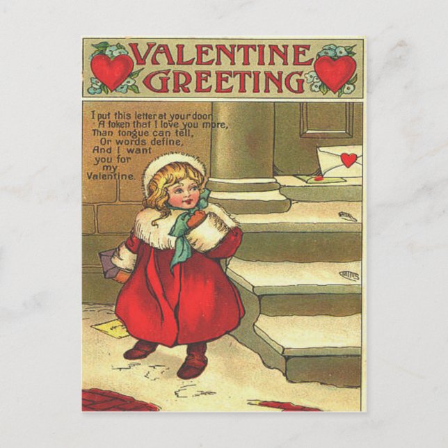 Vintage Girl Leaving Valentine Card On Doorstep (Front)